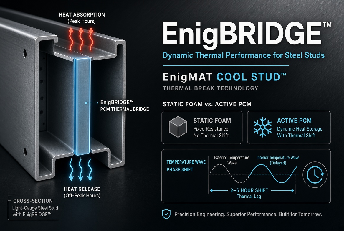 Cross-section of a light-gauge steel stud with EnigBridge PCM thermal bridge absorbing heat during peak hours and releasing it off-peak
