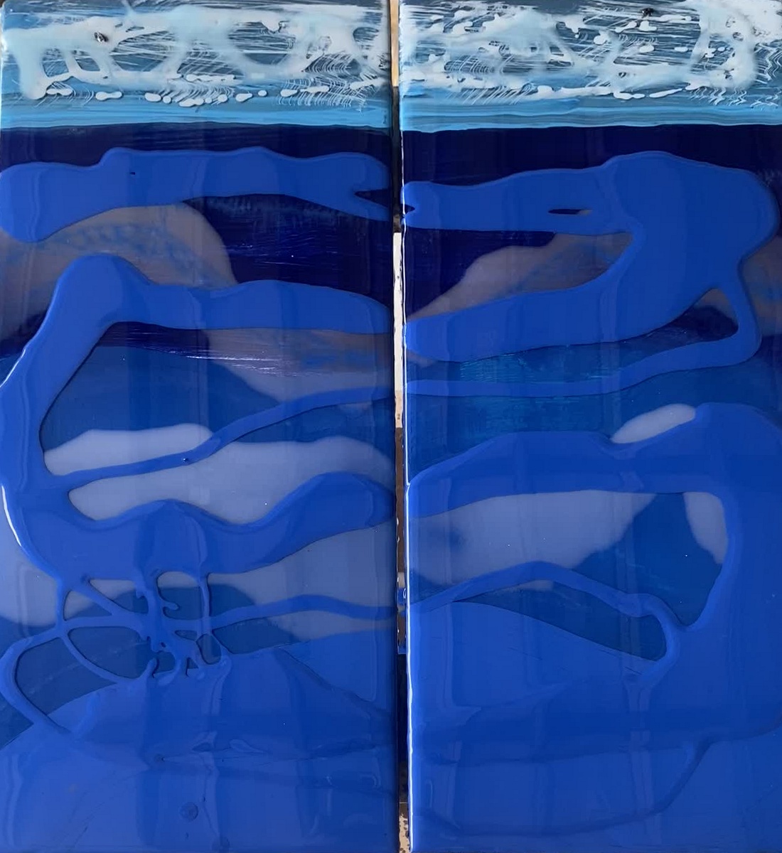 Abstract Blue Glass Panels, Two-panel set painting
