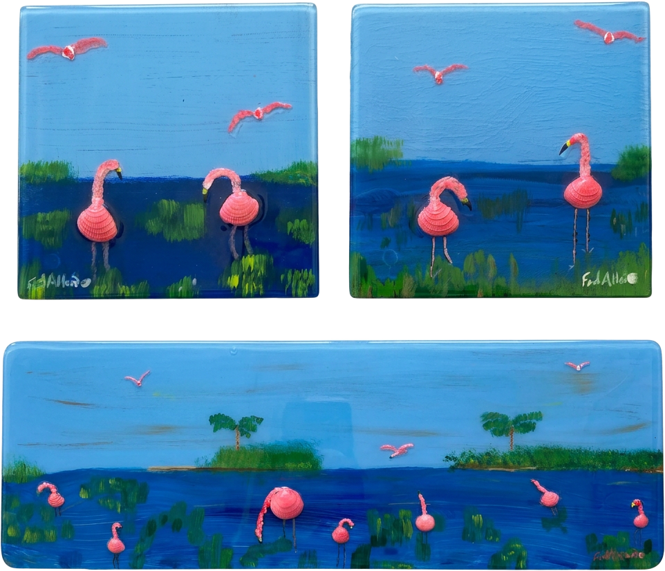Pink Flamingo — Three-Piece Set, Two 8" pieces + approx. 8" × 20" painting