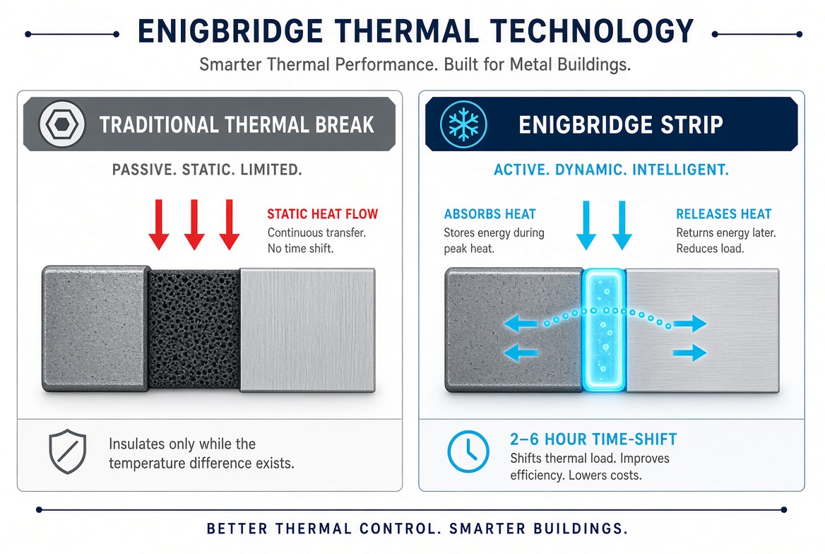 Diagram comparing a traditional static-foam thermal break to the active EnigBridge PCM strip with 2–6 hour time-shift